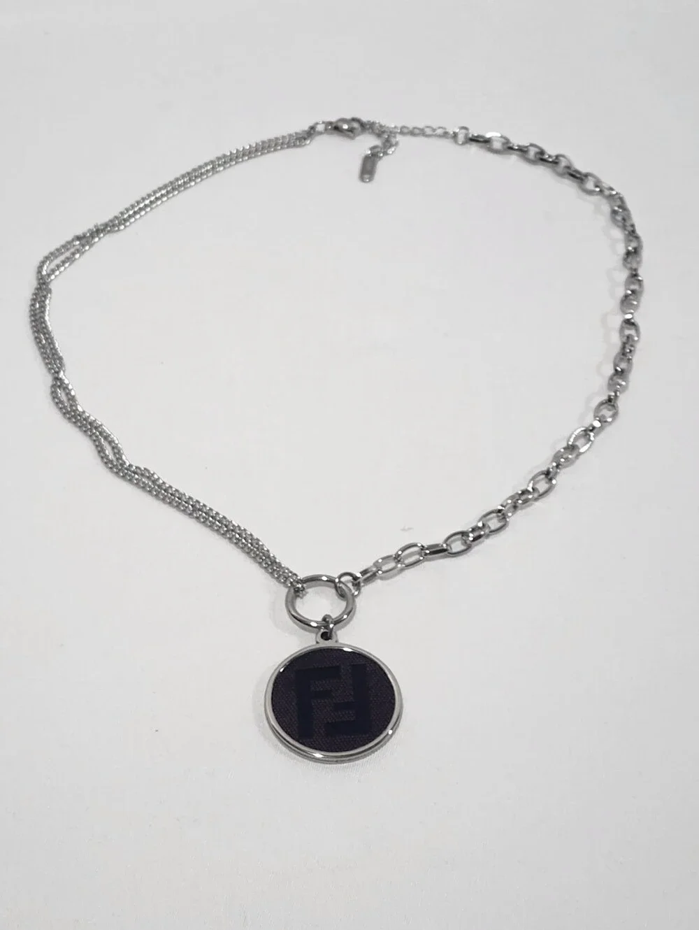 Fendi Monogram Canvas Silver Pendant Mixed Link Chain Necklace
